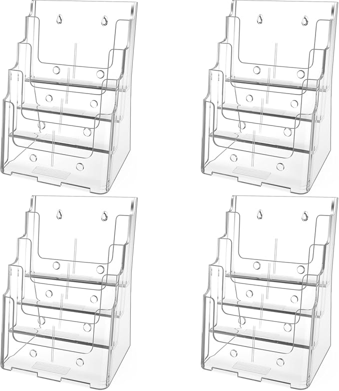 MaxGear Acrylic Brochure Holder 8.5 x 11 inch, 4 Tier Clear Literature Organizer Magazine Stand Display with Removable Divider for 4 x 9 inch Brochures, Pamphlet, Wall Mount or Countertop, 4 Pack