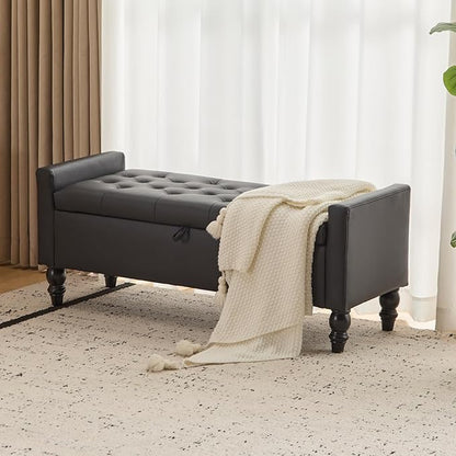 47" Storage Ottoman Bench, End of Bed Bench for Bedroom, Leather Upholstered Ottoman with Storage for Living Room, Entryway, Window (Black)