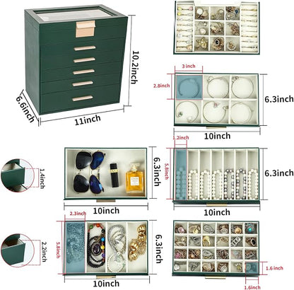 BOOVO Jewelry Box for Women, Green 6 Layer Large Jewelry Organizer with Glass Lid for Necklace, Bracelet, Earrings Storage, Jewelry Organizers and Storage for Girls Gift (Green and Gold, 6 layer)