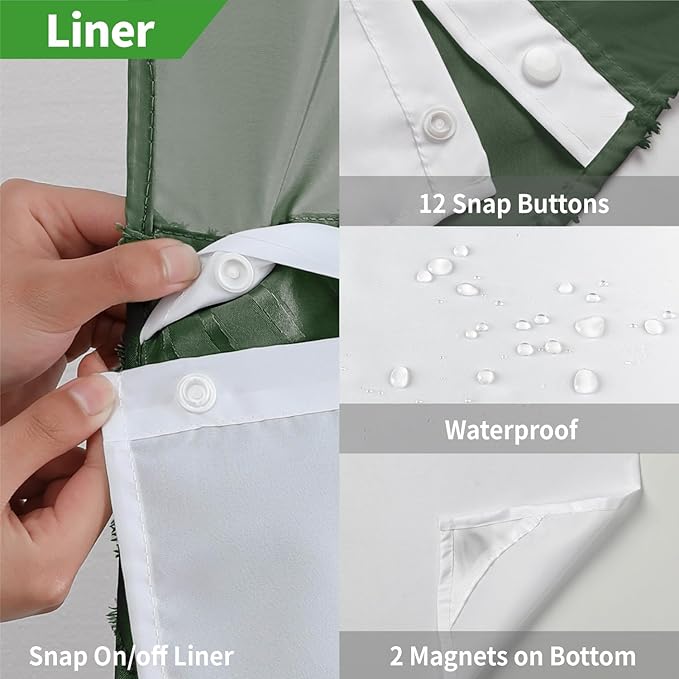 No Hook Shower Curtain and Liner Set,No Hook Tufted Striped Textured Shower Curtain with Snap in Liner Replacement and Waterproof Fabric,Boho Style with See Through Top Window,DarkGreen,71Wx77H