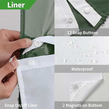 No Hook Shower Curtain and Liner Set,No Hook Tufted Striped Textured Shower Curtain with Snap in Liner Replacement and Waterproof Fabric,Boho Style with See Through Top Window,DarkGreen,71Wx77H