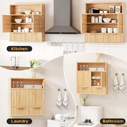 Bathroom Wall Cabinet, Wall Mounted Medicine Cabinet with Drawers, Modern Farmhouse Storage Cabinet with with Adjustable Wood Shelf & Doors for Bathroom, Kitchen, Laundry Room (Natural Oak)