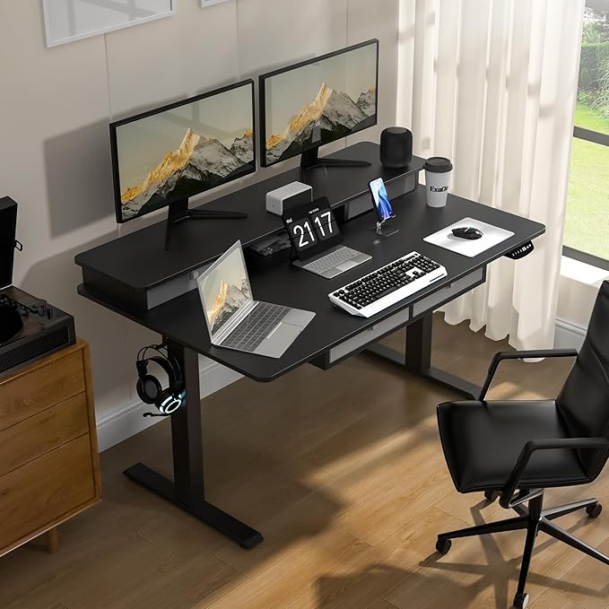Electric Standing Widened Desk 63 * 30 Inches Adjustable Height with 4 Drawers, Double Storage Shelves Stand Up Desk, Home Office Workstation Sit Stand up Desk (Classical Black)