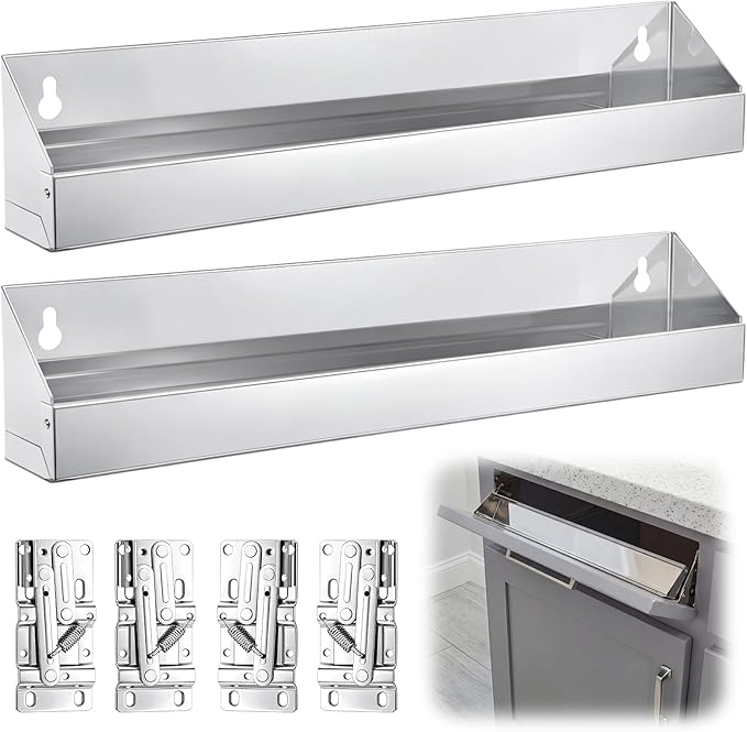 2 Set 16 Inch Stainless Steel Sink Drawer Tip Out Tray Kit Include Tip-Out Sink Trays and Hinges Large Pull Out Storage Organizer for Kitchen Bathroom Base Cabinets
