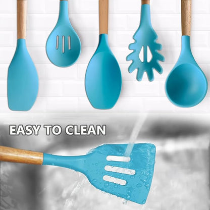 IOCBYHZ Kitchen Utensils Set 6-Piece Non-Stick Silicone Cooking Utensils Set, Wood Handle Heat Resistant Spatula Spoon Turner Ladle Pasta Server Cooking Kitchen Gadgets BPA Free for Nonstick Cookware