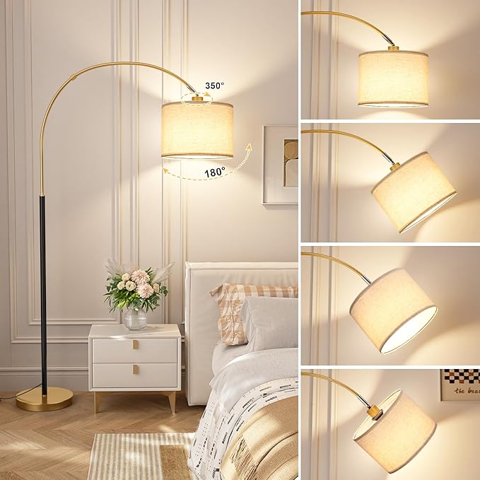Ambimall Dimmable Arc Floor Lamp with Remote, Color Temperatures and Brightness Adjustable, Arched Floor Lamp with Rotating Head, Over Couch Arched Reading Light for Living Room (Black and Gold)