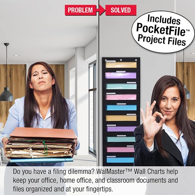 Ultimate Office WalMaster Heavy Duty 10-Pocket Chart Filing System for Classroom and Office, Wall File Organizer PLUS 18 PocketFiles, Mounting Hardware and Spring-Loaded Door Hooks