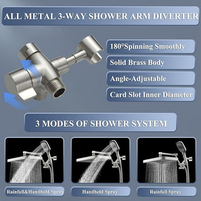 High Pressure Wide Rain Shower Head with Handheld Spray Combo, 14 Inch Rainfall Shower Heads with Adjustable Extention Arm, Dual Waterfall Showerhead with 3-Way Diverter(Brushed Nickel)