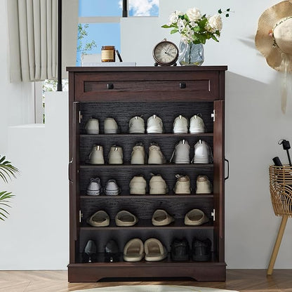 SOOWERY Shoe Cabinet with Drawer, Farmhouse Shoe Storage Cabinet with Doors, 5 Tiers Narrow Shoe Organizer for Entryway, Foyer, Hallway, Dark Cherry