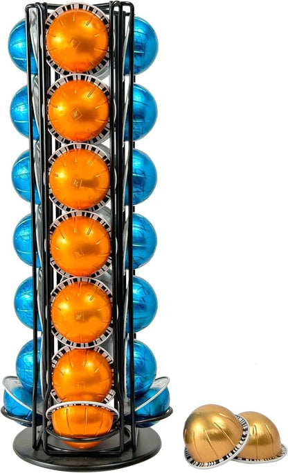 Vertuo Pod Holder Organizer for Nespresso, Holds 28 Pods, Lazy Susan Platform- Pinano Black, Ideal for Small Kitchens, Coffee Bars,Office break rooms- ONLY for Any VertuoLine Setup