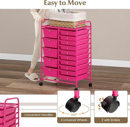 LDAILY 15 Drawer Rolling Storage Cart, Rolling Cart with Drawers for Classroom, Art Supply Craft Organizer on Wheel with Metal Frame & Handles for Home Office School
