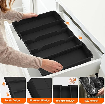 Large Silverware Organizer, Expandable Utensil Drawer Organizer for Kitchen Drawers, Kitchen Drawer Organizer for Spoons/Forks/Knives, Multipurpose & BPA Free Cutlery Tray, Black, 1 Pack
