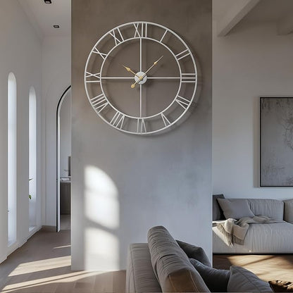 Cuspin Extra Large Wall Clock 36 Inch Silver Wall Clocks for Living Room, Modern Decorative Metal Wall Clock Battery-Operated Completely Silent Non Ticking Roman Numeral Analog Round Clock