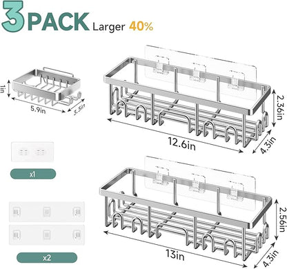 Veken Shower Caddy 3-Pack, Advanced Rustproof Design, No Drilling Adhesive Shelves, Rack with Soap Holder, Large Capacity Bathroom Organizers and Storage, Wall-Mounted Kitchen & Home Decor
