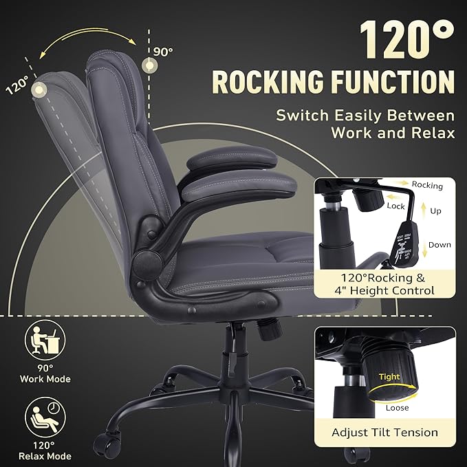 Home Leather Office Chair with Lumbar Support, 5" Padded Seat, Small Rocking Desk Chair, Comfy Computer Chairs with Rolling Wheels & Adjustable Arms for Adults, Grey