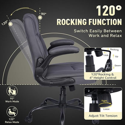 Home Leather Office Chair with Lumbar Support, 5" Padded Seat, Small Rocking Desk Chair, Comfy Computer Chairs with Rolling Wheels & Adjustable Arms for Adults, Grey