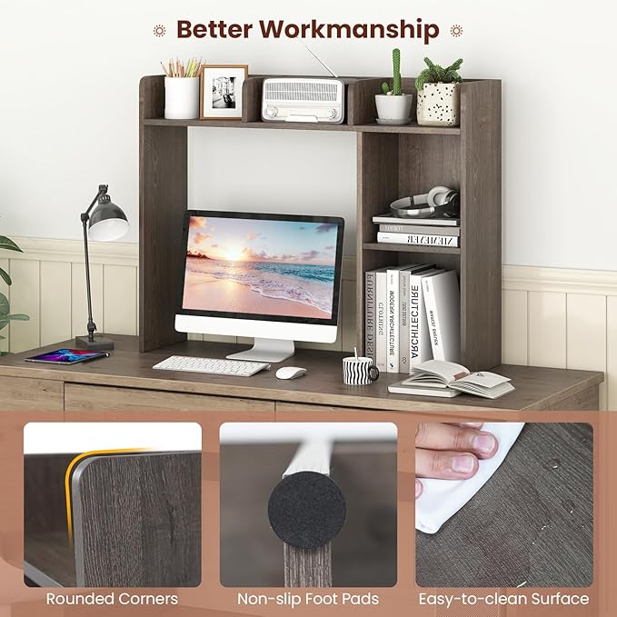 Desk Hutch, Desktop Shelf with 5 Shelves, Desk Bookshelf w/Anti-Toppling Devices, Wood Table Top Bookshelf Organizer, Small Desk Shelf for Study, Office, Dorm (Grey, 5 Shelves)