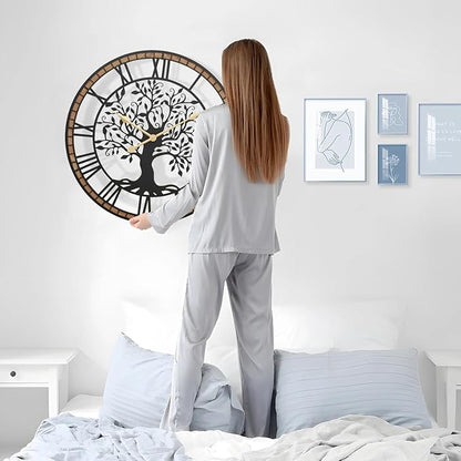 Micasso Non-Ticking Large Wall Clock: 30Inch Tree of Life Metal Black with Solid Wood Frame - Battery Operated Silent Clock for Office/Bedroom/Kitchen - Idea for Fashion-Conscious