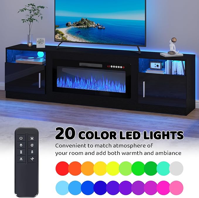 LEMBERI 80 Inch Fireplace TV Stand for TVs up to 90", 36" Electric Fireplace Entertainment Center with 20-Color LED, 300lbs Max Capacity Modern Wood Media Console Cabinet, Black