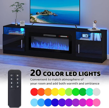 LEMBERI 80 Inch Fireplace TV Stand for TVs up to 90", 36" Electric Fireplace Entertainment Center with 20-Color LED, 300lbs Max Capacity Modern Wood Media Console Cabinet, Black