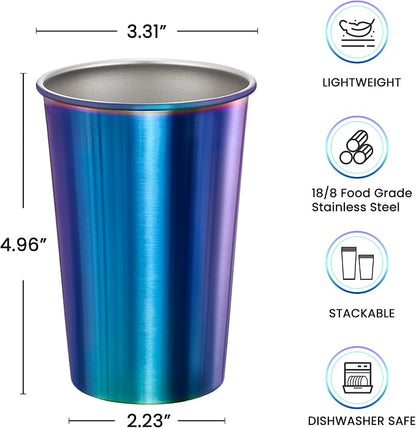 MEWAY 8 Pack 16oz Stainless Steel Pint Cup,Healthy Unbreakable and Stackable,Metal Drinking Glasses，Beer Glasses（Rainbow）