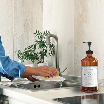 Sunrise Premium, 16 OZ Thick Amber Glass Soap Dispenser with Pump 2 Pack, Hand and Dish Soap Dispenser Set for Bathroom with 6 Waterproof Labels