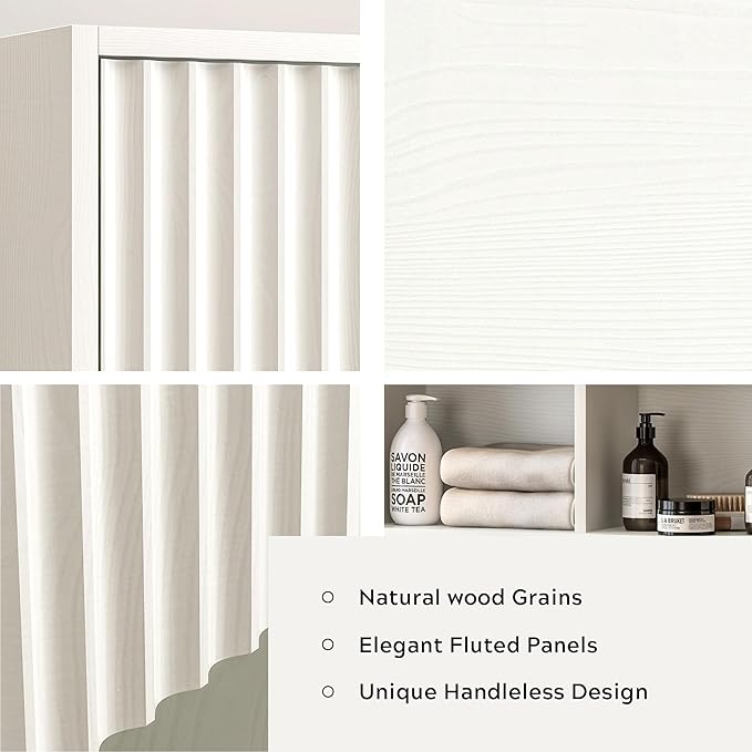 Fluted Wall Cabinet, Modern Medicine Cabinet Bathroom with Doors and Adjustable Shelf Towel Rack Wood Storage Cabinet for Kitchen Dining Room Living Room, White