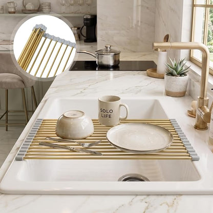 Snailhouse Roll Up Dish Drying Rack, Stainless Steel Dish Drainer Over The Sink with Anti-Slip Silicone for Kitchen Counter, Gold (17.8 x 11.8 in) | Stainless Steel Dish Drainer Over the Sink with Anti-Slip Silicone
