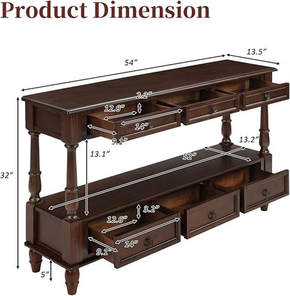 Vintage Solid Wood Console Table with 6 Drawers - 54" Hallway Sofa Table with Bottom Shelf for Entrance, Living Room & Foyer, Espresso