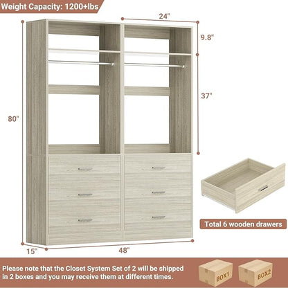 Closet System Set of 2, 4FT Closet Systems with 6 Wood Drawers, 48" Closet Organizer System with 2 Hanging Rods & 2 Shelves, Heavy Duty 48 Inch Walk-in Closet, White Oak (48"L x 15" W x 80" H)