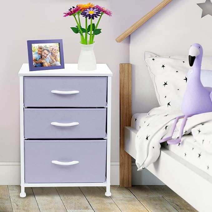 Sorbus Nightstand with 3 Drawers - Furniture Storage Chest Tower Unit for Bedroom, Hallway, Closet, Office Organization - Steel Frame, Wood Top, Pastel Fabric Bin (Purple)