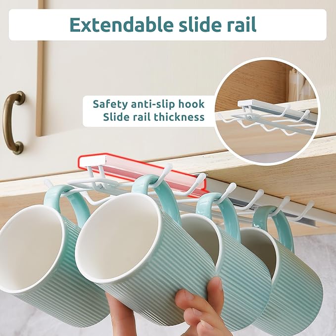 LiaMeE Sliding Mug Hooks Under Cabinet - Pull Out Coffee Cup Holder Rack with 12 Hooks, Metal Under Shelf Mug Organizer for Kitchen, Space Saving Hanging Storage (White，2PCS)