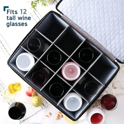 Hearth & Harbor Wine Glass Storage Box with Dividers, Quilted and Stackable Stemware Storage Cases, Service of 12 Glass China Container Hard Shell for Moving and Organization, Grey