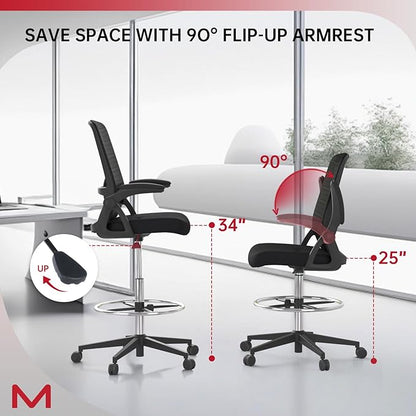 Drafting Chair for Standing Desk with Locking Casters, Tall Office Chair with Foot Ring, High Back Ergonomic Drafting Stool, Flip-Up Arms, Adjustable Lumbar Support, 300 Lbs Capacity