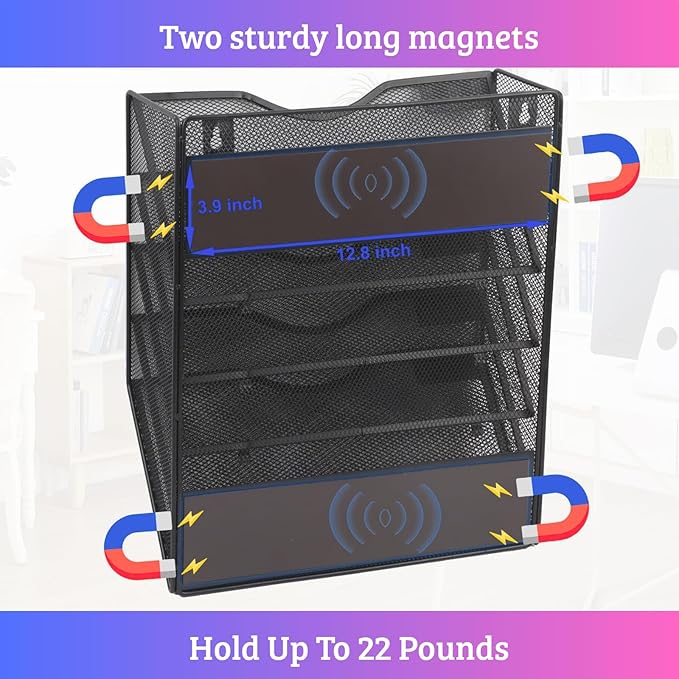 Magnetic 5 Pocket Wall File Organizer, Mesh Hanging Wall Mounted Document Paper Filing Magazine Rack with Nametag Label for Office Home School, 5 Tier Black