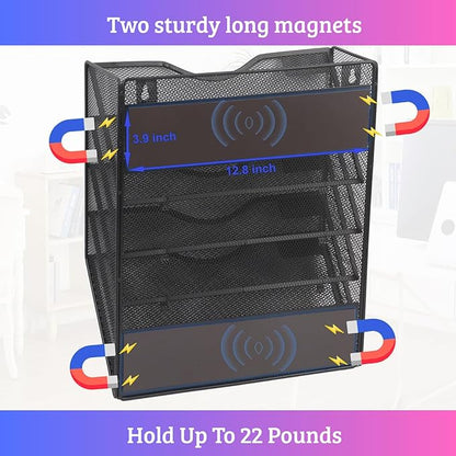 Magnetic 5 Pocket Wall File Organizer, Mesh Hanging Wall Mounted Document Paper Filing Magazine Rack with Nametag Label for Office Home School, 5 Tier Black
