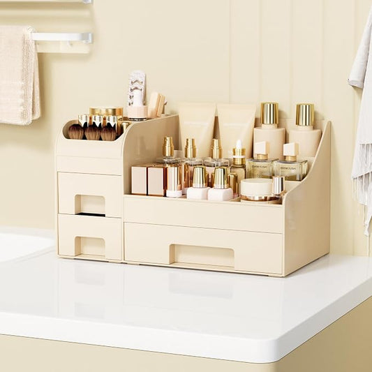 Makeup Organizer with Drawers,Large Cosmetic Storage Box,Countertop Skincare Organizer,ABS Makeup Brush Holder for Bathroom,Desk,Dresser,Multifunctional Beauty Display Case,Cream