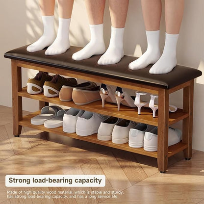 Shoe Bench with Leather Cushion,Wood Bench with Shoe Rack,2-Tier Shoe Storage Organizer for Entryway,Hallway,Living Room (Brown, 2-Tier-39.4")