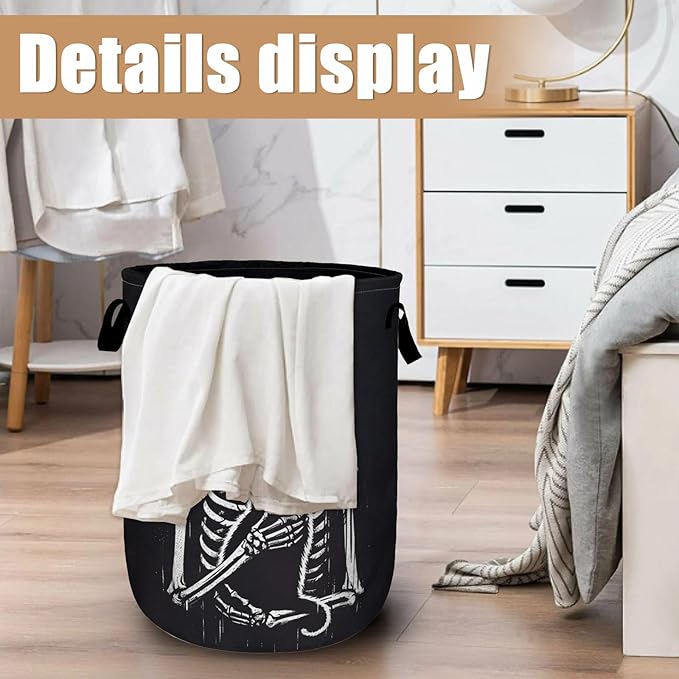 Funny Skull Black Cat Laundry Basket, Foldable Waterproof Laundry Hamper Tote Bag Dirty Clothes Storage Bucket Toy Organizer for Bathroom/Laundry/Bedroom 15.7"x19.6"