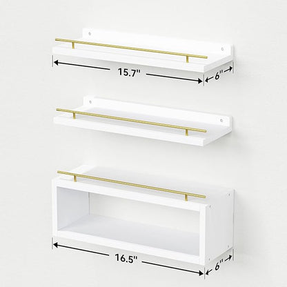 WOPITUES Floating Shelves for Wall with Cube Shelf, Wall Shelves with Metal Rail for Decor, Bathroom Organizers and Storage, Over Toilet Shelves for Bathroom, Toilet Paper-White&Gold