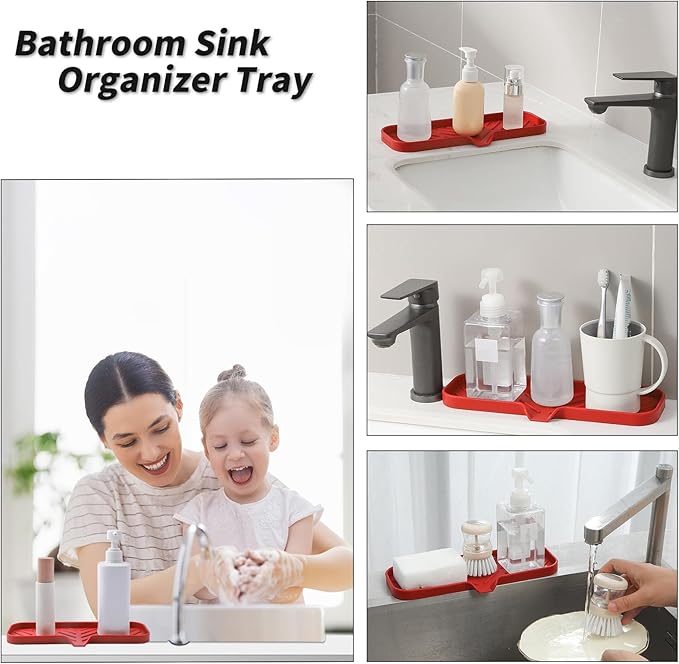 MicoYang Silicone Soap Dish with Drain Spout — Self-Draining Double Sink Organizer Tray for Kitchen & Bathroom, Dispensers, Sponges & Soap Holder, Non-Slip & Dishwasher Safe, Red (Large, 12"×4")