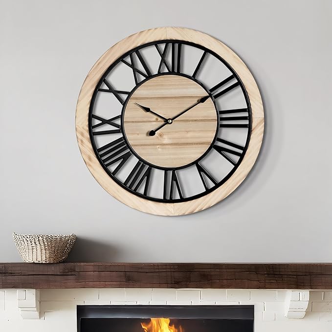 LEIKE 16 Inch Large Wall Clock - Rustic Wooden Silent Non-Ticking Wall Clock with Black Metal Frame, Vintage Farmhouse Decorative for Living Room, Bedroom, Kitchen - Roman Numerals, Modern Design