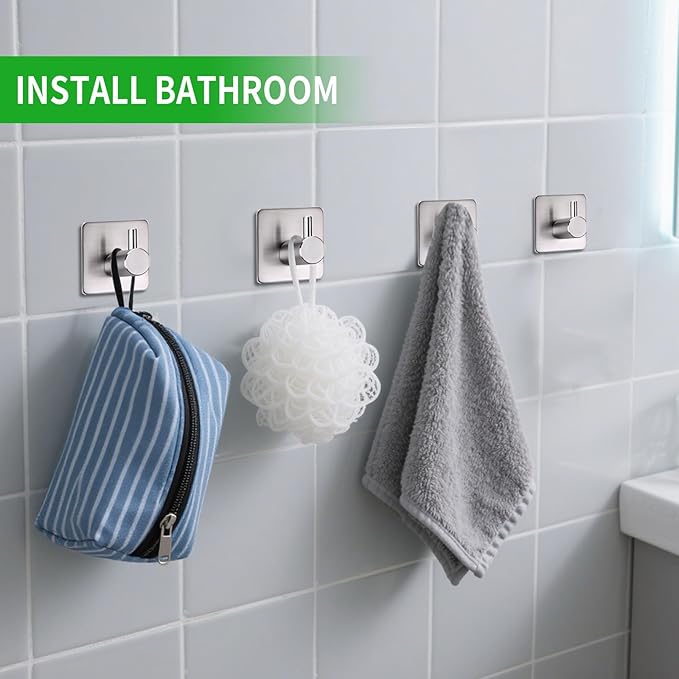 Silver Adhesive Towel Hooks Heavy Duty Stick on Wall Hooks Shower Hooks for Bathroom Kitchen Door-4 Packs