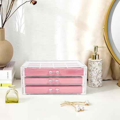 ProCase Earring Holder Organizer Jewelry Box with 3 Drawers, Acrylic Clear Earring Case with Adjustable Velvet Trays for Women - Pink, 3 Layers