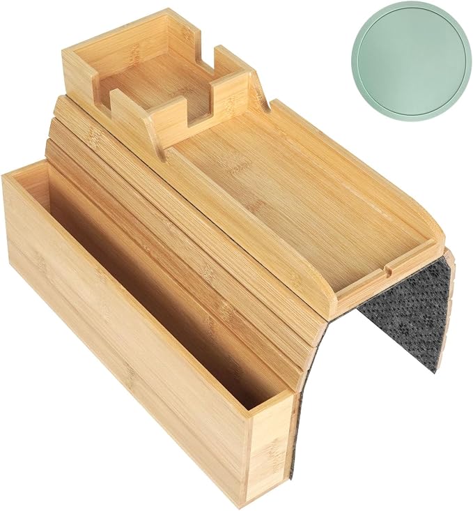 Bamboo Foldable Sofa Armrest Tray with Storage, Anti-Slip Cup Holder & Coaster, Splash-Proof Remote Caddy for Snacks and Phones.Fits 4-6 Inch Flat and Mini Curved Sofa Armrest for Home Living Room