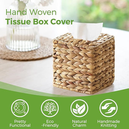 Tissue Box Cover, Square Wicker Tissue Box Holder Facial Tissues Boxes, Hand Woven Napkin Box Tissue Holder for Bathroom Bedroom Office Table Desk Night Stand, Boho Decorative, Natural