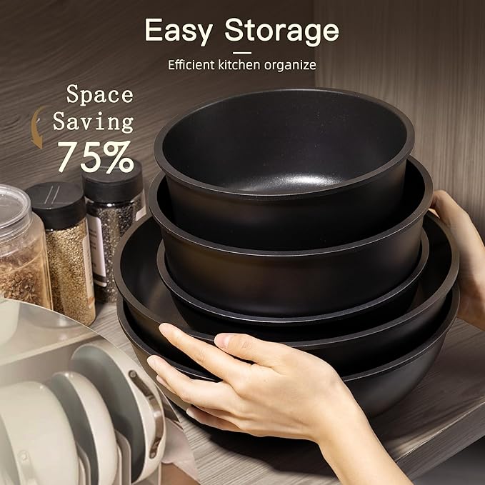 Astercook Non Stick RV Pots and Pans Ceramic Kitchen Cookware Set with Detachable/Removable Handle, Oven Safe, Induction Ready, Stackable, Black, 21 pcs