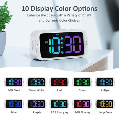 Dual Colorful Alarm Clock for Kids Bedroom - 0-100% Dimmer, 5 Alarm Sounds, USB Charger, Easy to Set, Weekday/Weekend Mode, Snooze, 12/24Hr, Battery Backup, Digital Clock for Teens Boys Bedside