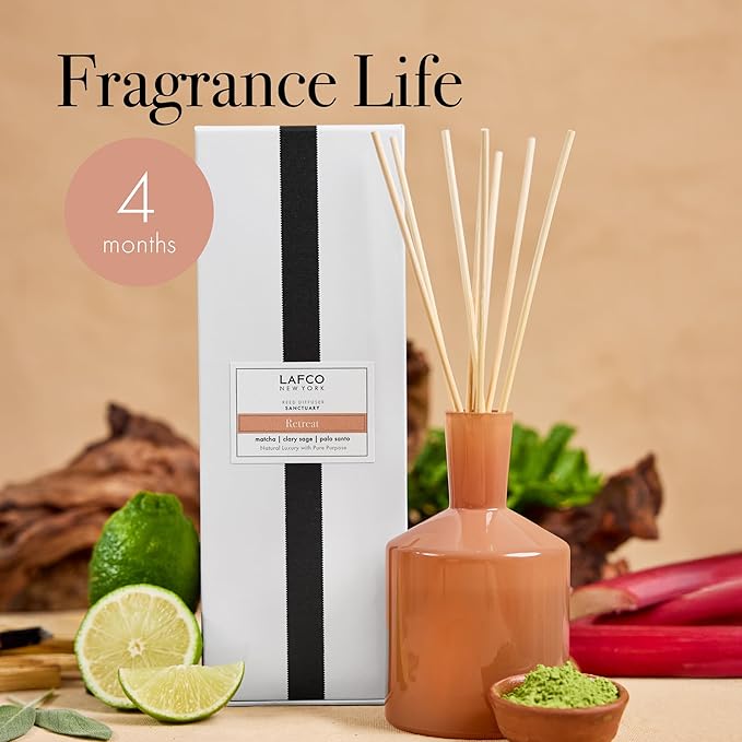LAFCO New York Classic Reed Diffuser, Retreat - 6 oz - Up to 3 Months Fragrance Life - Reusable Glass Vessel - Natural Wood Reeds - Made in The USA