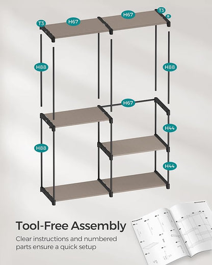 SONGMICS Portable Closet, Freestanding Closet Organizer, Clothes Rack with Shelves, Hanging Rods, Storage Organizer, for Cloakroom, Bedroom, 54.3 x 16.9 x 71.7 Inches, Taupe URYG025R02